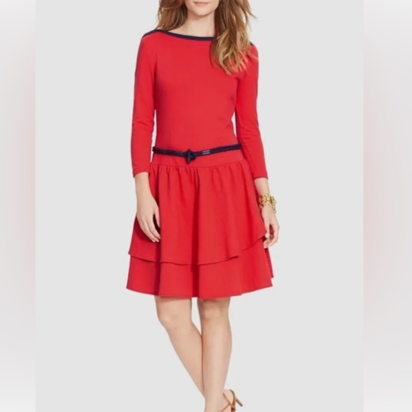 Lauren Ralph Lauren Red Drop Waist Tiered Stretch Knit Dress w/Rope Belt - Picture 1 of 7